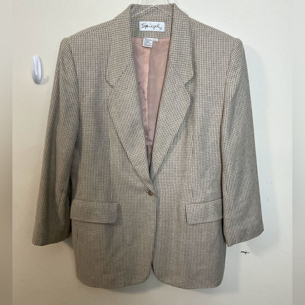 Spiegel Single Breasted Wool Houndstooth Blazer Beige Women's Jacket 14 Lined